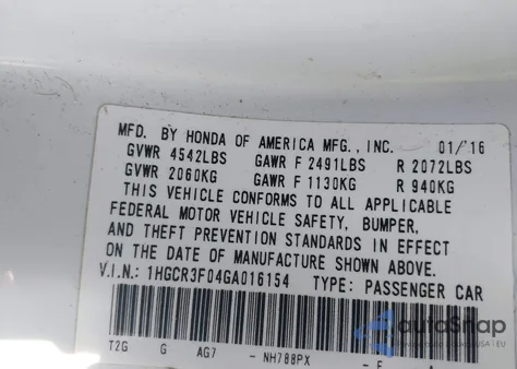 2016 Honda Accord Ex-L V-6 from USA, damaged, VIN 1HGCR3F04GA016154